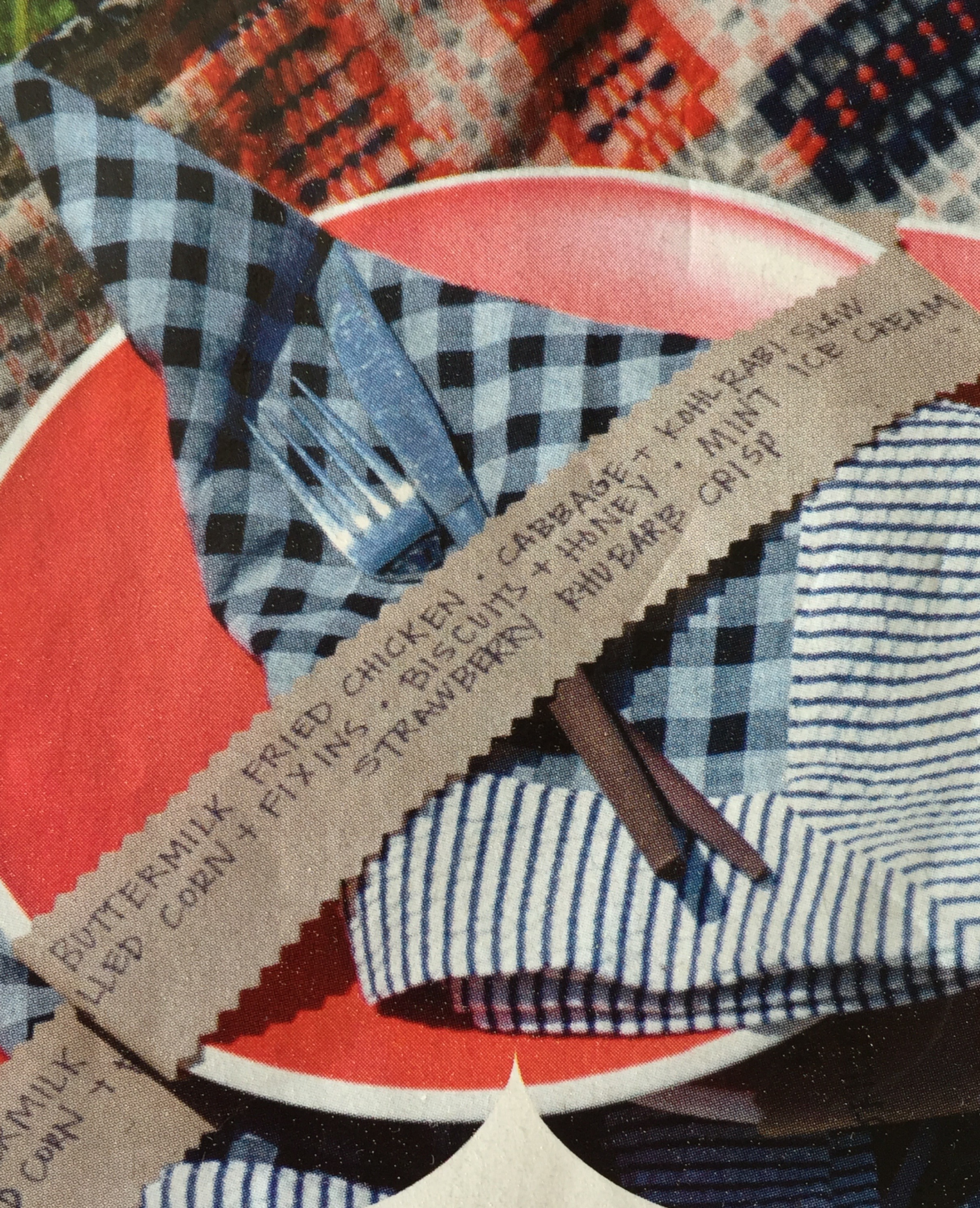 Pinking shear cut bellybands with the menu inscribed.